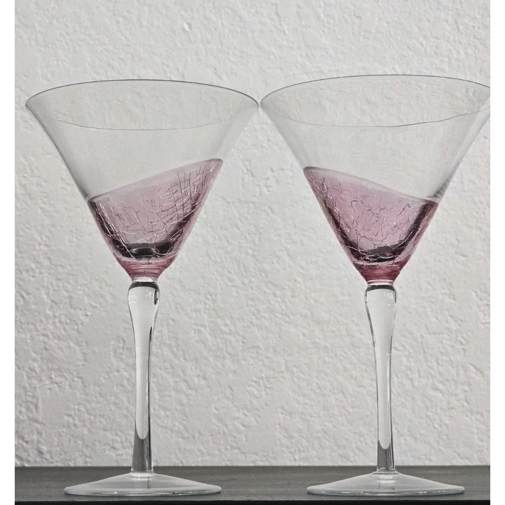 Pink Crackle Swirl Martini Cocktail Glasses Set Of 2